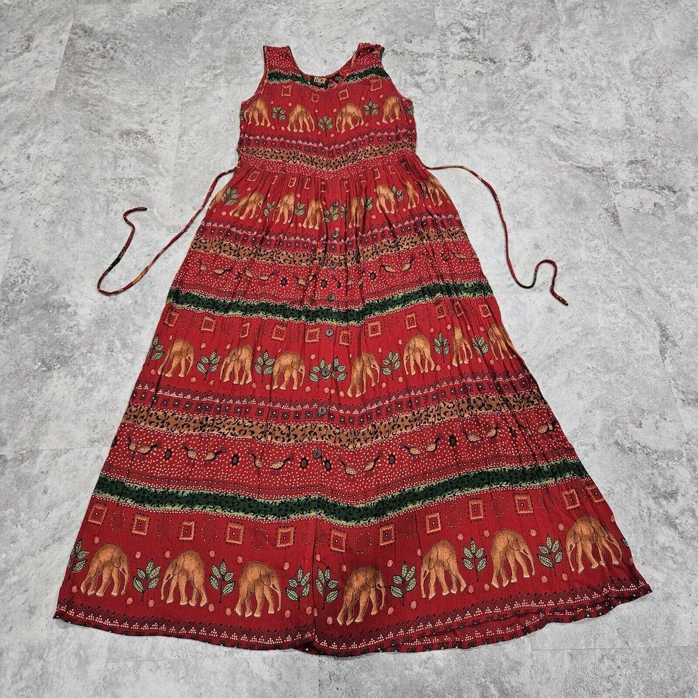 Vintage BILA Women's Boho Gypsy Floral Rayon Maxi Dress Size Small Red‎